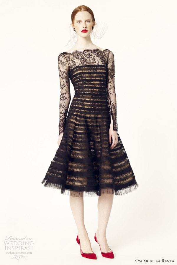 oscar de la renta 2014 resort long sleeve black lace dress