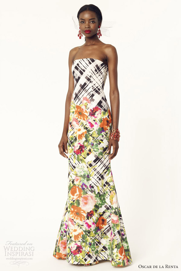 oscar de la renta 2014 resort multicolor chine floral tartan print silk faille strapless gown