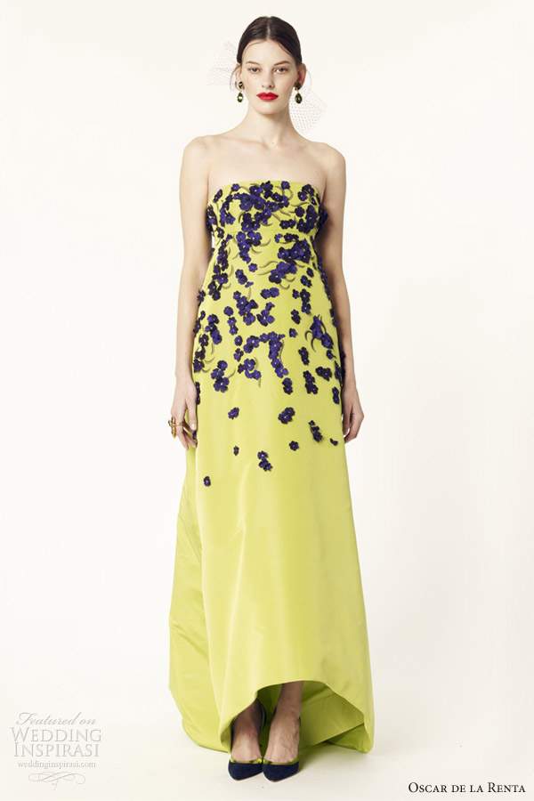 oscar de la renta 2014 resort strapless apple green silk faille Watteau gown violet taffeta flower threadwork embroidery