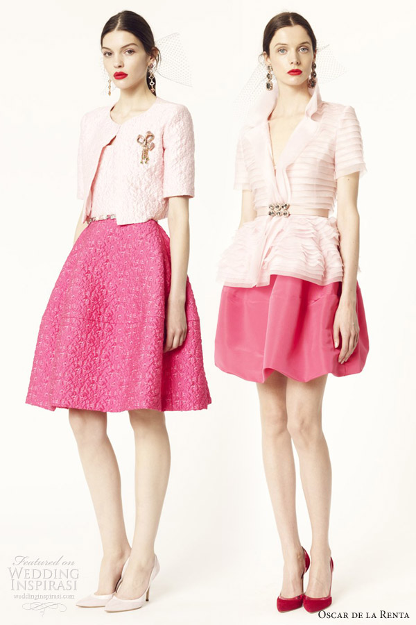 oscar de la renta resort 2014 blush amaranth pink ombre effect combination jacket two tone dress skirt