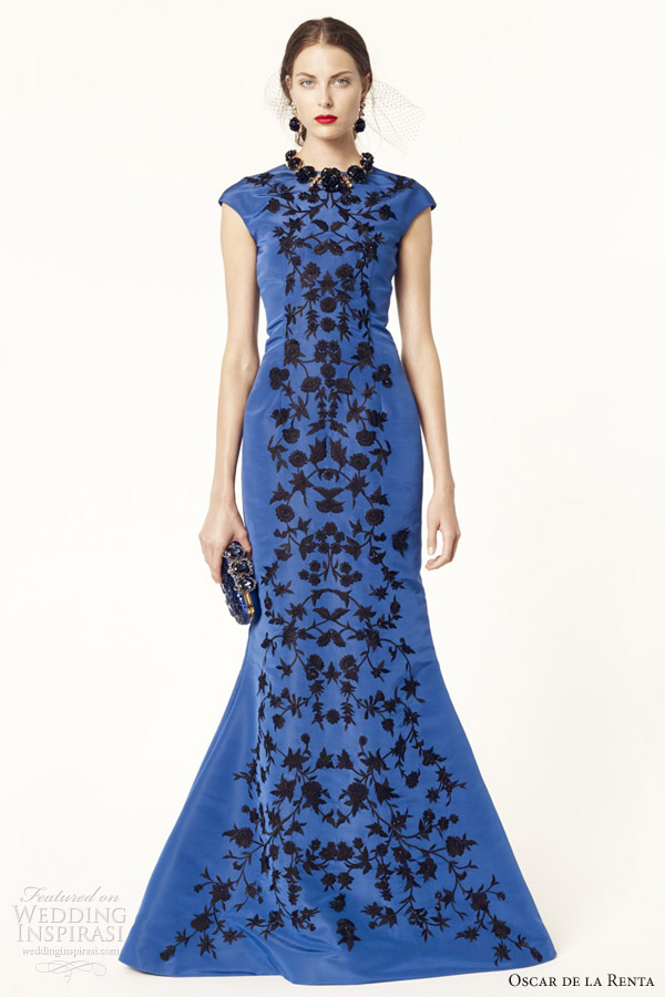 oscar de la renta resort 2014 indigo blue silk faille cap sleeve gown