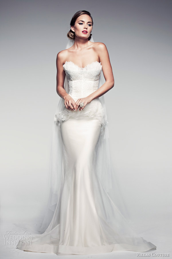 pallas couture bridal 2014 fleur blanche fleurette strapless peplum wedding dress
