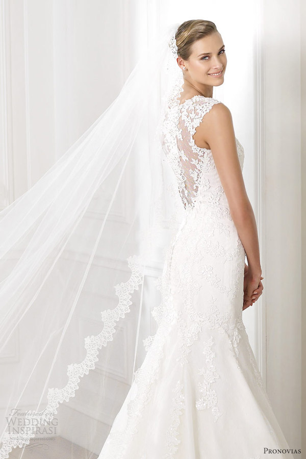 pronovias bridal 2014 costura landel lace sheath gown illusion sheer portrait back