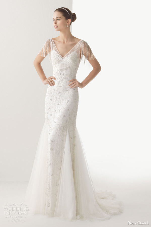 rosa clara 2014 bridal clio beaded fringe flutter sleeve wedding dress front
