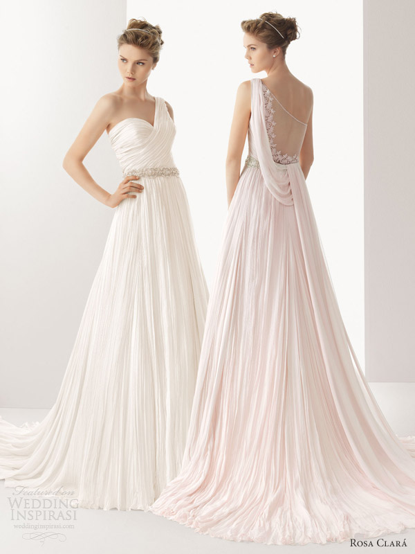 soft by rosa clara color wedding dresses 2014 ursina pink white ivory one shoulder draped gown