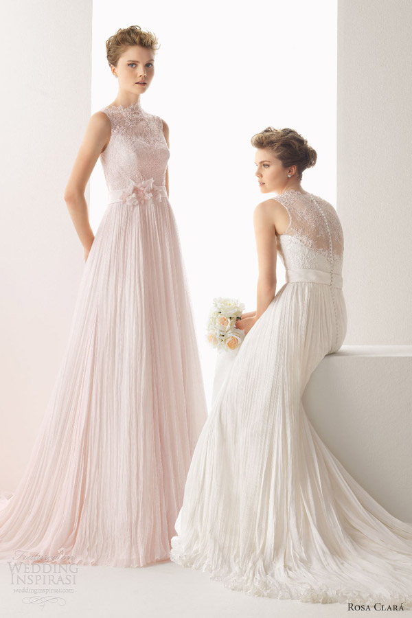 soft by rosa clara color wedding dresses 2014 usual sleeveless lace draped pink gown