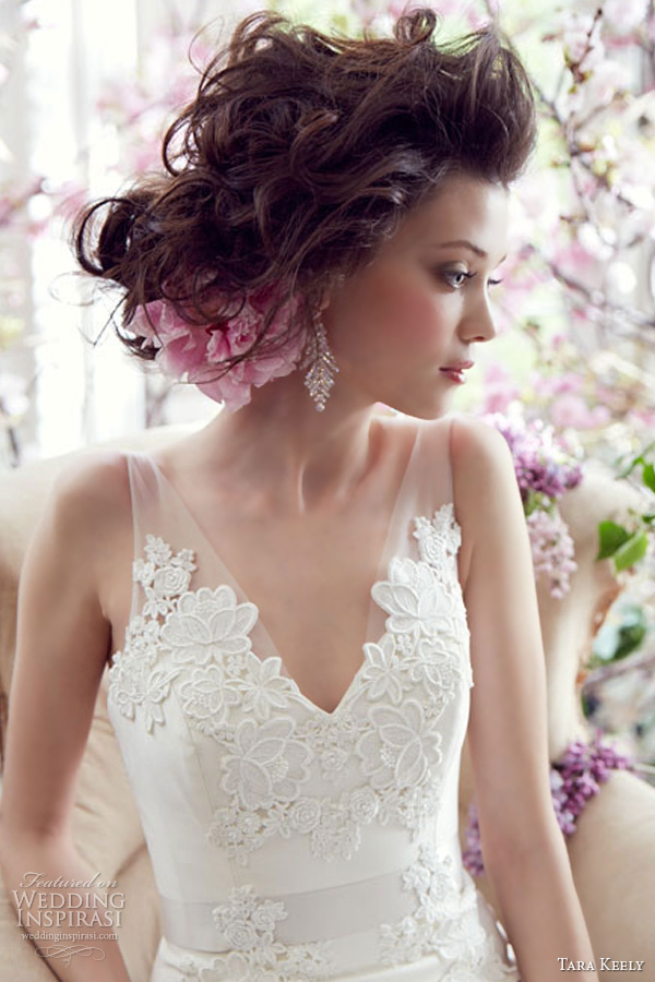 tara keely bridal fall 2013 fit flare wedding dress elongated lace illusion v neck ribbon belt style 2352 close up