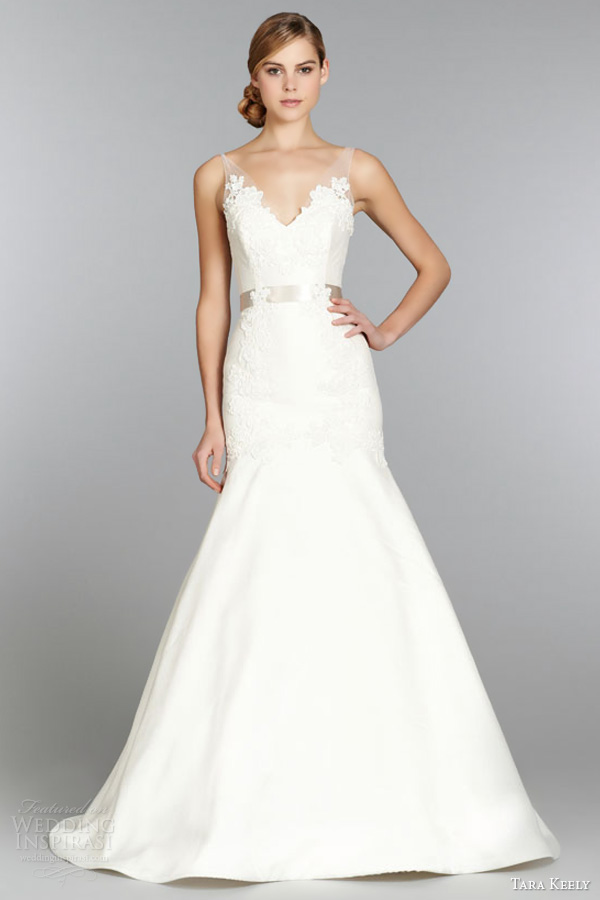 tara keely bridal fall 2013 fit flare wedding dress elongated lace illusion v neck ribbon belt style 2352 full view