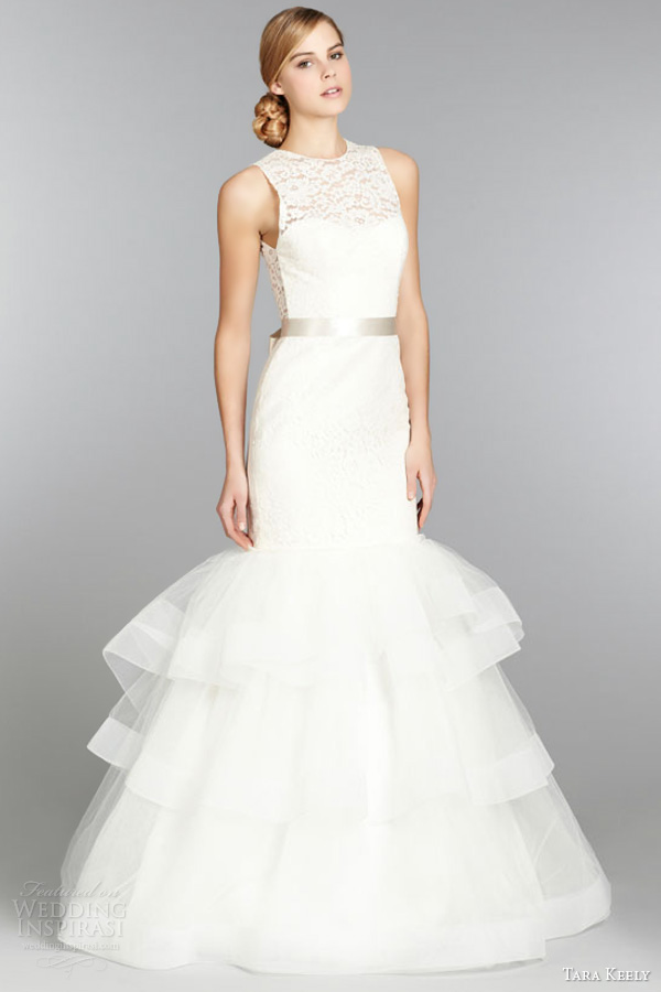 tara keely fall 2013 bridal lace fit flare wedding gown style 2354 illusion jewel waist back lace full view