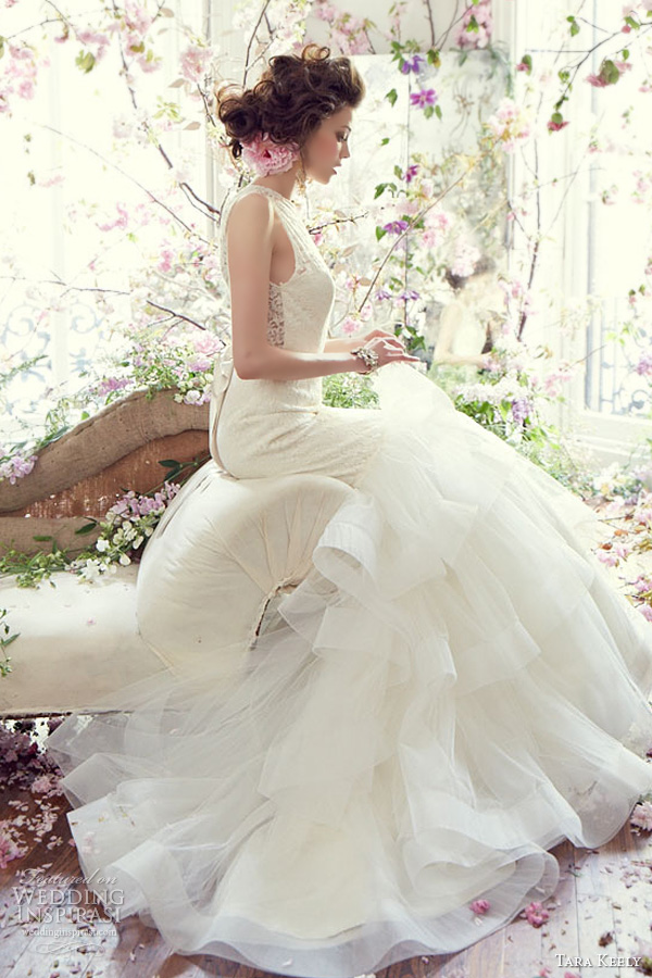 tara keely fall 2013 bridal lace fit flare weding gown style 2354 illusion jewel natural waist tiered skirt chapel train full tara keely fall 2013 bridal lace fit flare weding gown style 2354 illusion jewel natural waist tiered skirt chapel train full