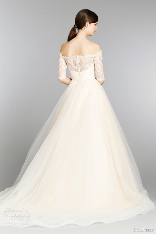 tara keely  fall 2013 sherbet wedding dress ball gown style 2358 sweetheart lace off shoulder three quarter sleeves back chapel train