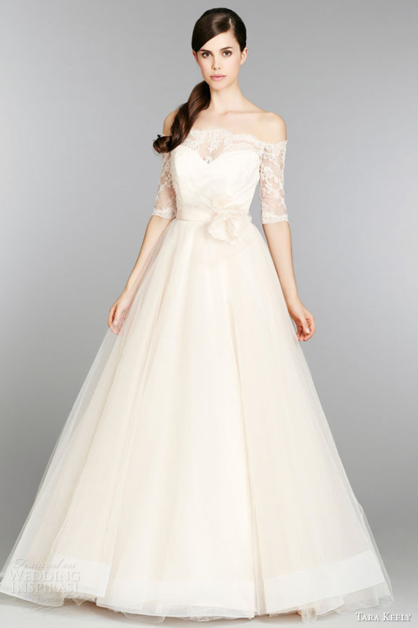 tara keely  fall 2013 sherbet wedding dress ball gown style 2358 sweetheart lace off shoulder three quarter sleeves
