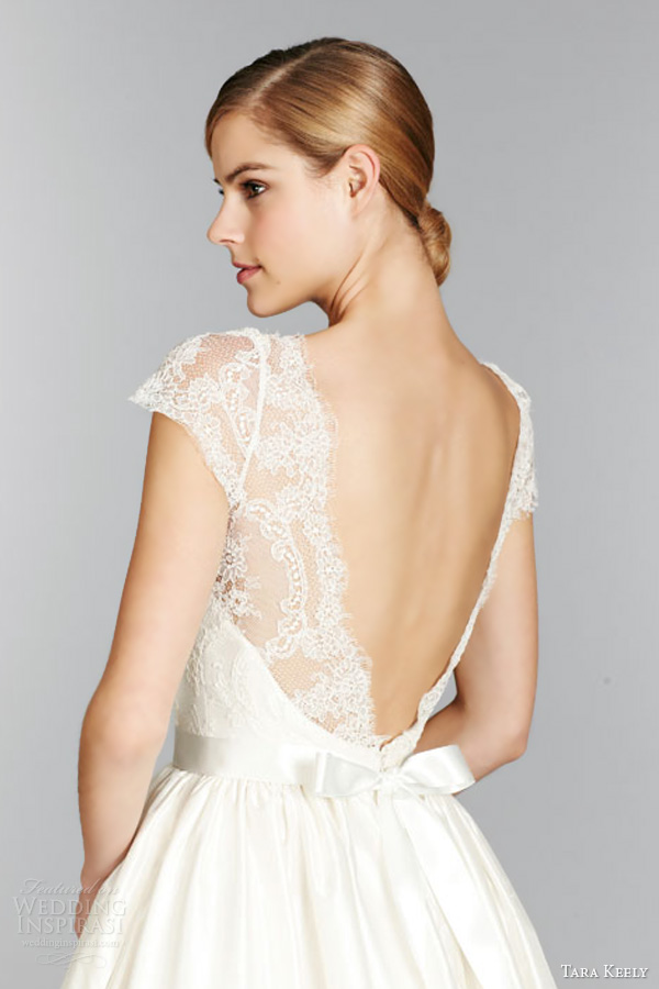 tara keely fall 2013 short cap sleeve ball gown wedding dress style 2357 lace illusion bateau neck v back close up