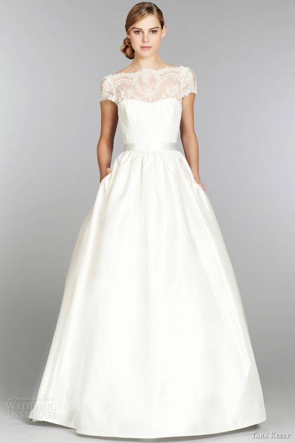 tara keely fall 2013 short cap sleeve ball gown wedding dress style 2357 lace illusion bateau neck v back full sweep train