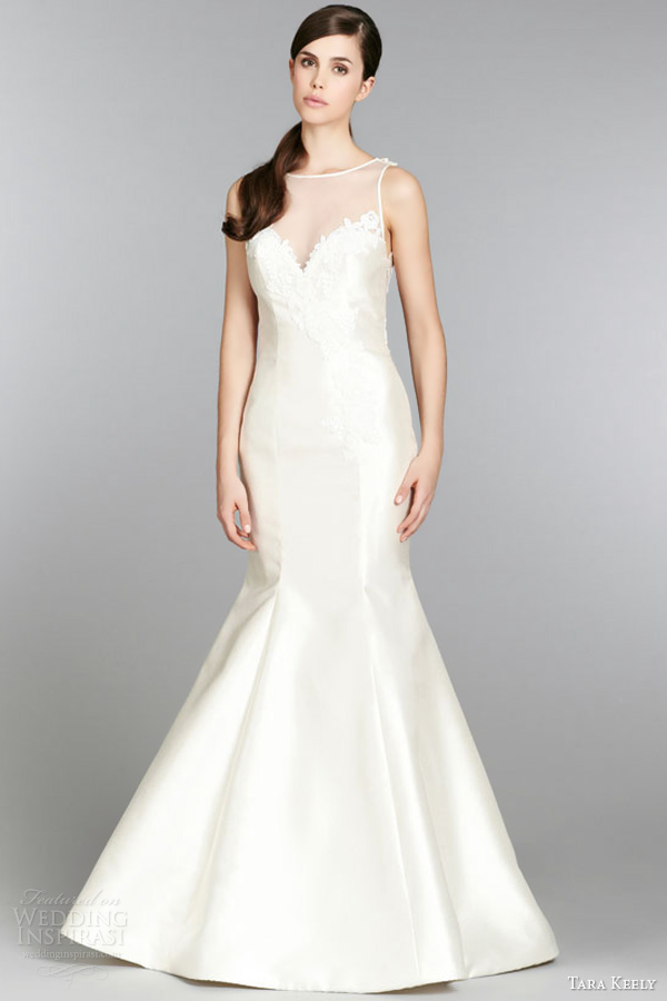 tara keely fall 2013 wedding dress lace trumpet gown illusion jewel neckline sweetheart chapel train style 2350