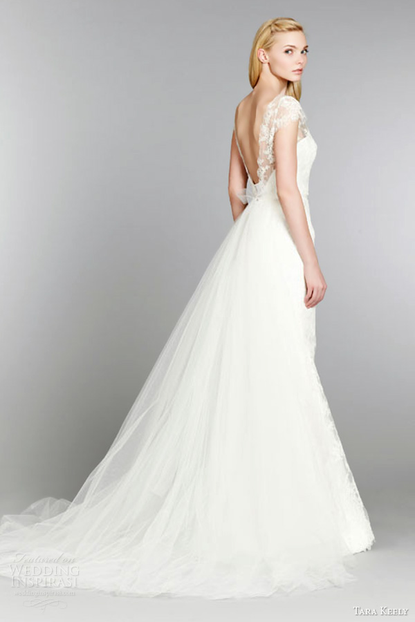 tara keely wedding dress fall 2013 bridal lace trumpet gown illusion v neck cap sleeves natural detachable watteau tulle train style 2359 back