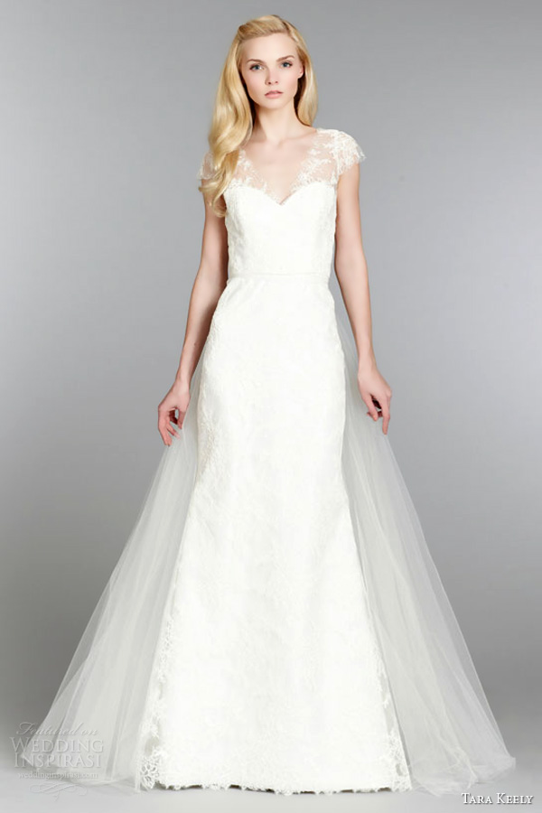 tara keely wedding dress fall 2013 bridal lace trumpet gown illusion v neck cap sleeves natural detachable watteau tulle train style 2359