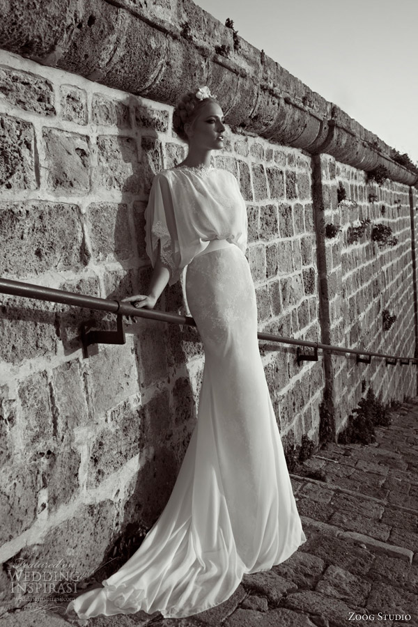 zoog bridal studio 2013 unique weddding dresses flutter sleeves blouson gown