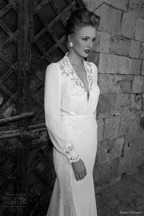 zoog studio bridal 2014 long sleeve wedding dress lace bodice close up