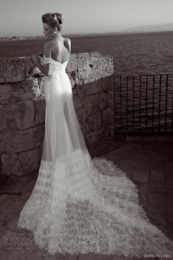 zoog wedding dress 2013 off shoulder guipure lace straps sleeves wedding dress back train net