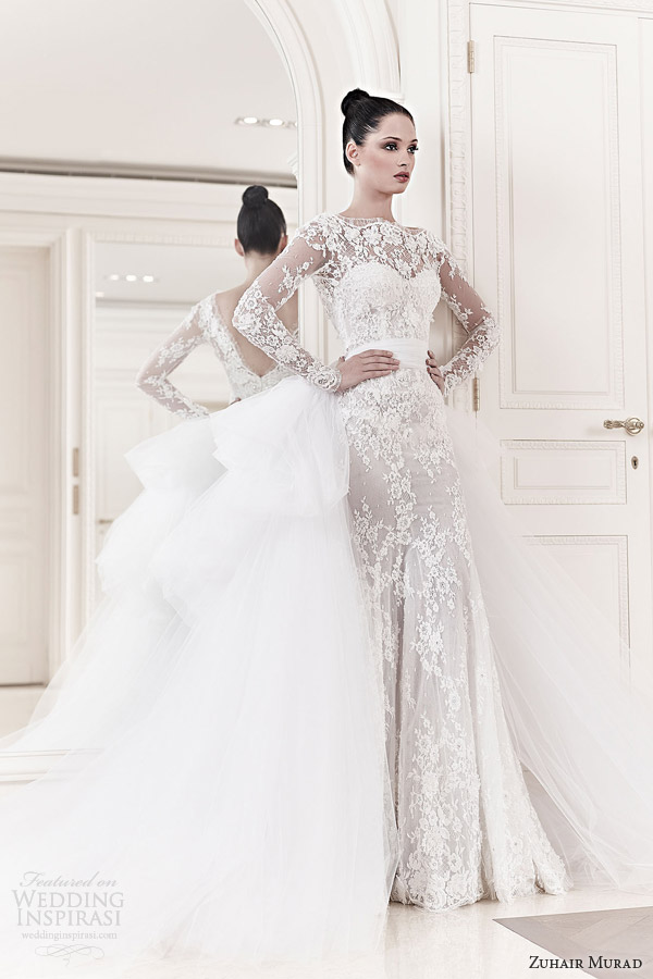 zuhair murad bridal 2014 diana long sleeve lace wedding dress tulle ball gown over skirt