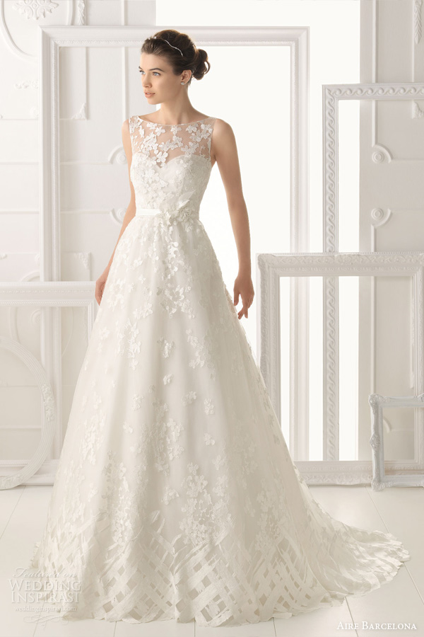 aire barcelona 2014 bridal oest sleeveless wedding dress illusion neckline