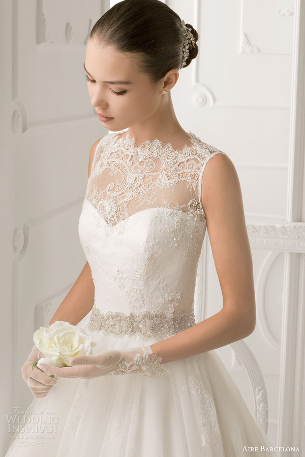 aire barcelona 2014 bridal omero sleeveless illusion lace neck wedding dress bodice