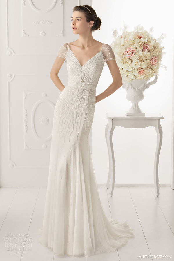 aire barcelona bridal 2014 opalina short sleeve illusion beaded column gown