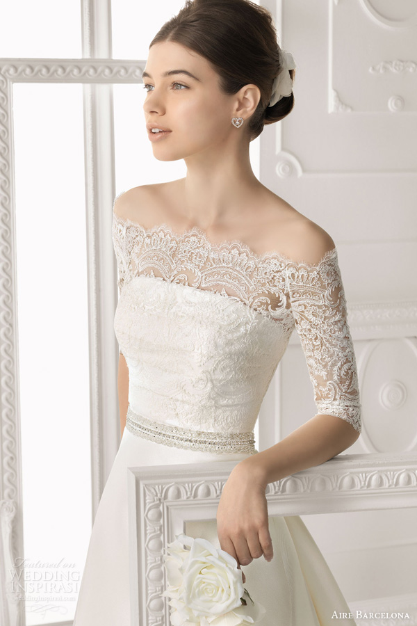 aire barcelona bridal 2014 orleans wedding dress off shoulder lace jacket half sleeves