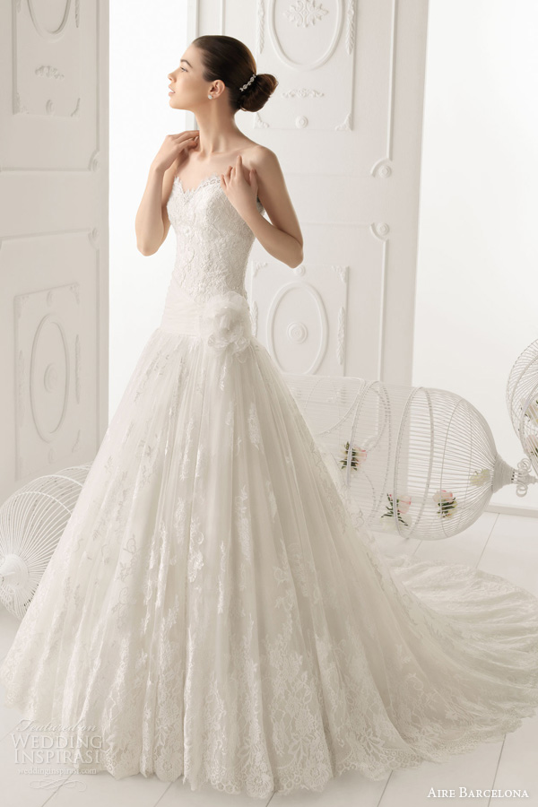 aire barcelona wedding dresses 2014 bridal ombra strapless fit flare lace gown