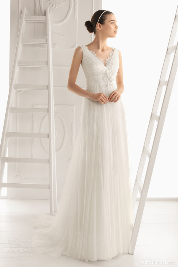 aire barcelona wedding dresses 2014 oceania sleeveless draped ruched gown empire waist lace accents