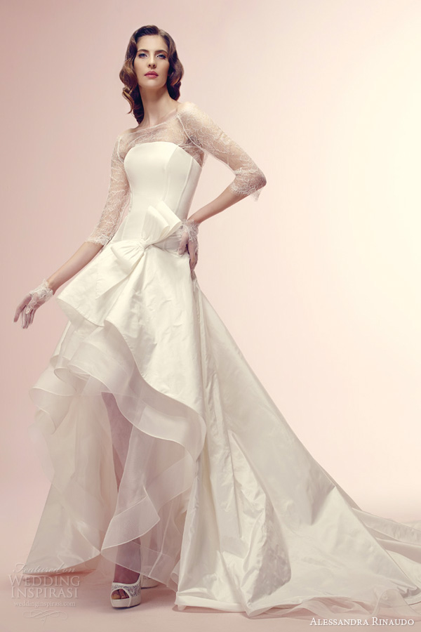 alessandra rinaudo 2014 bridal ressie wedding dress high low tier skirt three quarte sleeve lace bodice