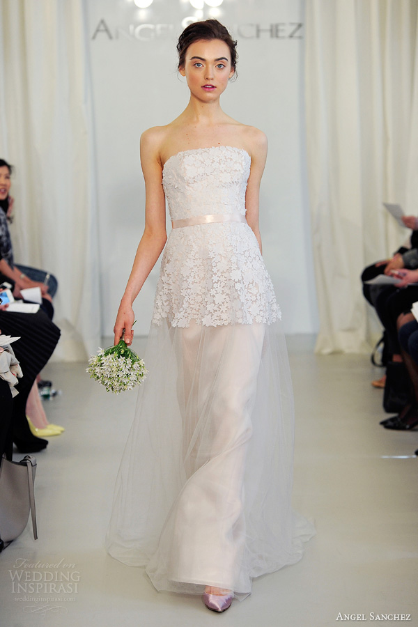 angel sanchez 2014 bridal strapless wedding dress tulle overlay petal bodice blush pink sash