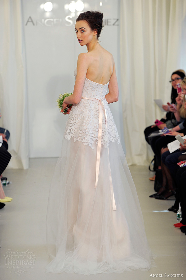 angel sanchez 2014 bridal strapless wedding dress tulle overlay petal bodice blush pink