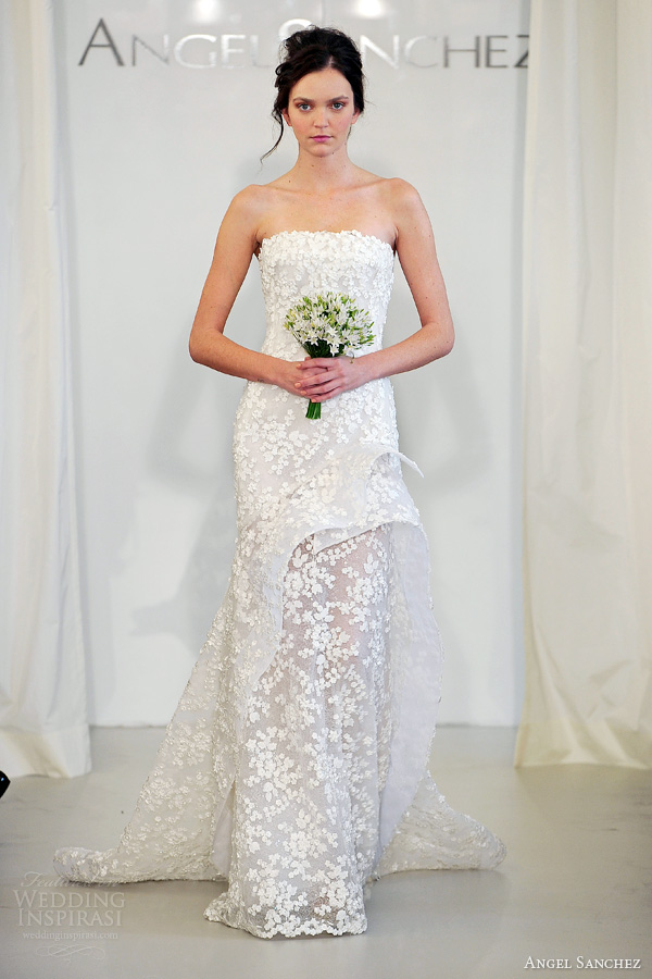angel sanchez bridal 2014 strapless floral wedding dress peplum