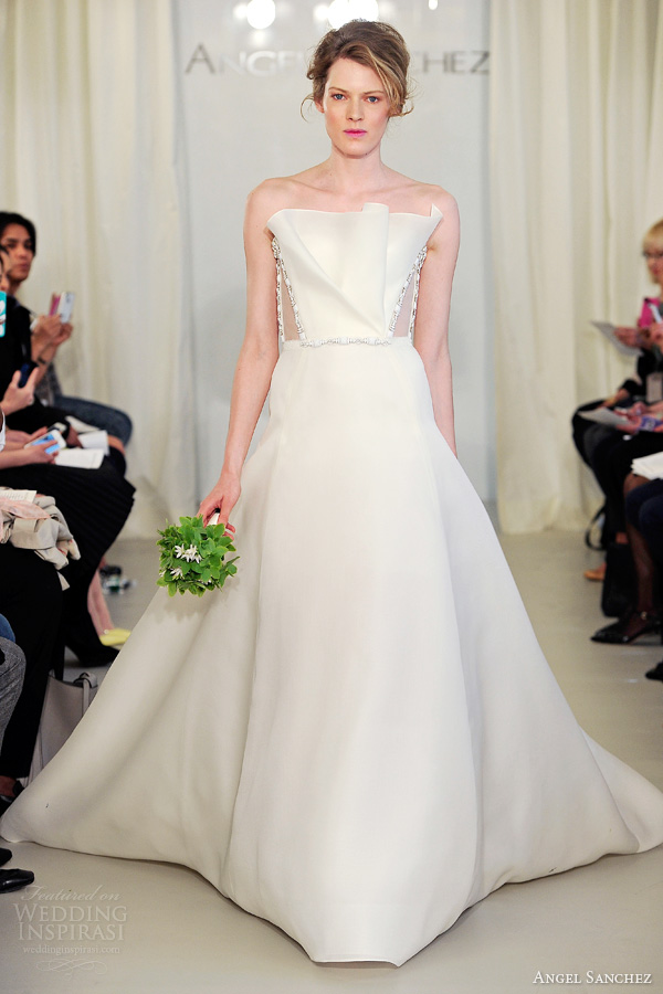 angel sanchez bridal spring 2014 strapless wedding dress crumb catcher neckline pleated bodice side illusion insert