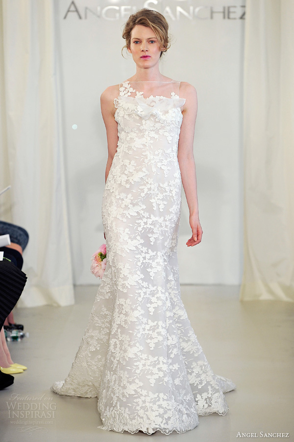 angel sanchez spring 2014 bridal sleeveless illusion neckline wedding dress