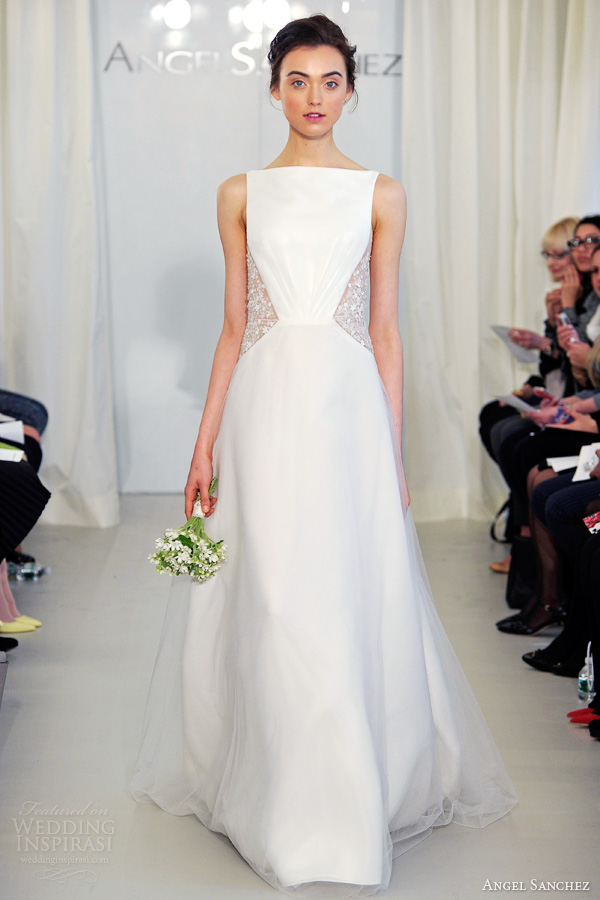 angel sanchez spring 2014 bridal sleeveless wedding dress illusion flower side insert bateau neckline