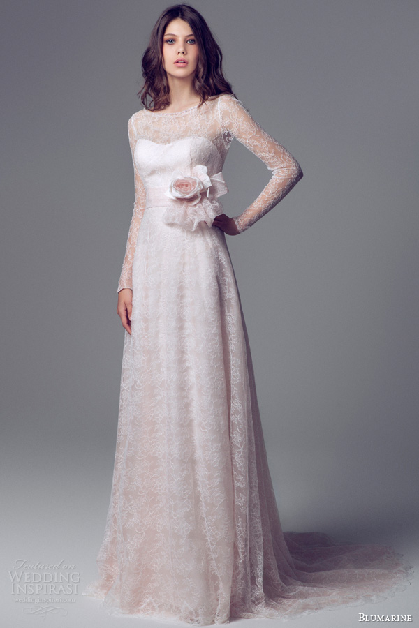 blumarine 2014 pink lace long sleeve wedding dress illusion neckline