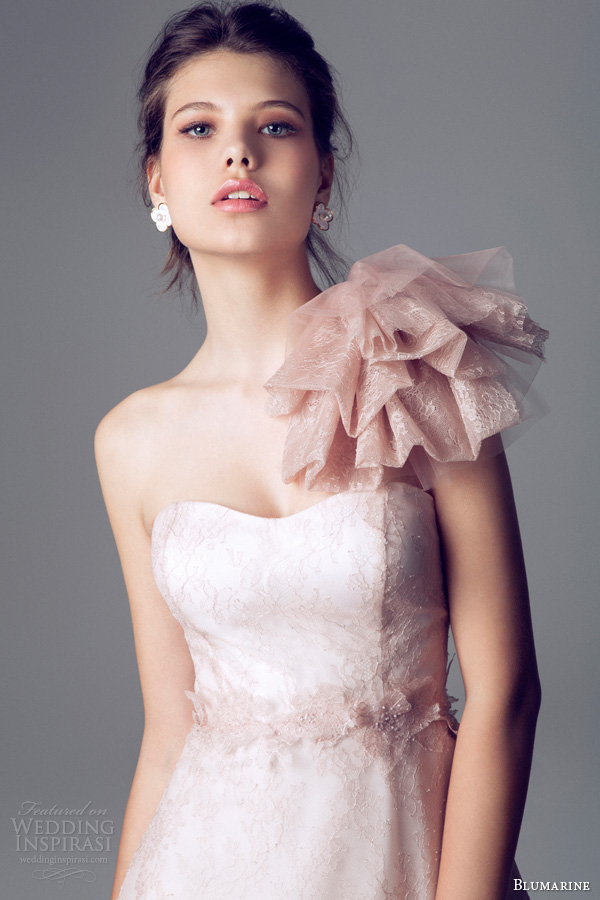 blumarine 2014 pink lace wedding dress one shoulder ruffle strap close up bodice