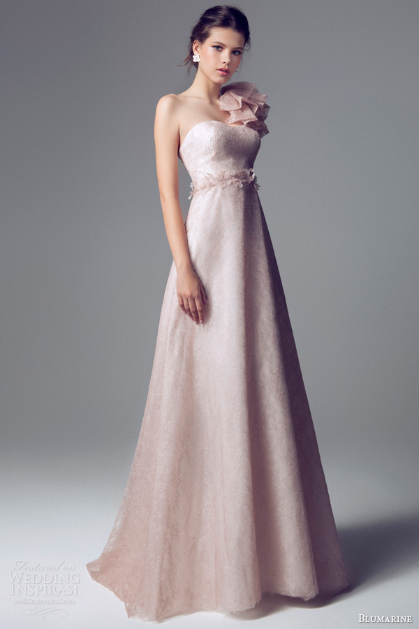 blumarine 2014 pink lace wedding dress one shoulder ruffle strap