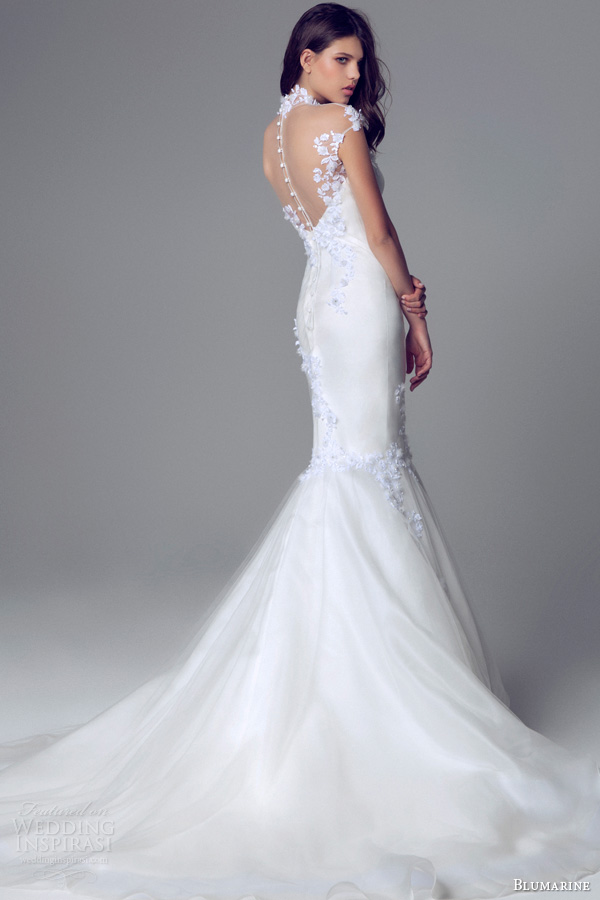 blumarine bridal 2014 cap sleeve high neck mermaid wedding gown illusion neckline train