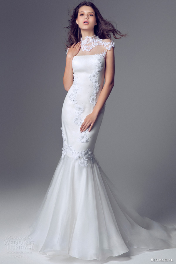 blumarine bridal 2014 cap sleeve high neck mermaid wedding gown illusion neckline