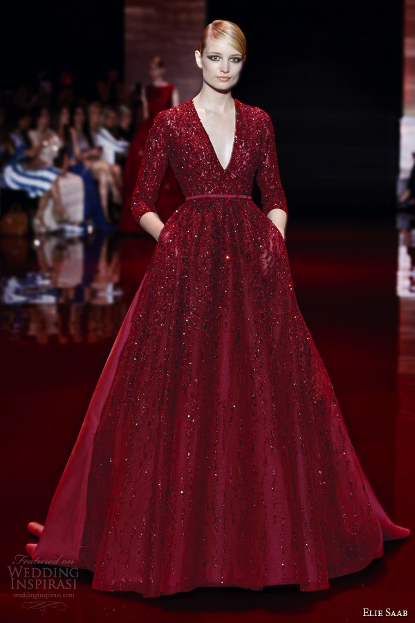 elie saab couture fall 2013 2014 long sleeve red ball gown