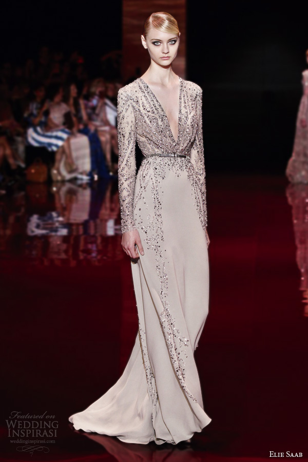 elie saab fall 2013 2014 couture long sleeve v neck beige gown