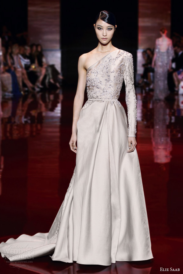 elie saab fall 2013 2014 couture one shoulder long sleeve beige gown