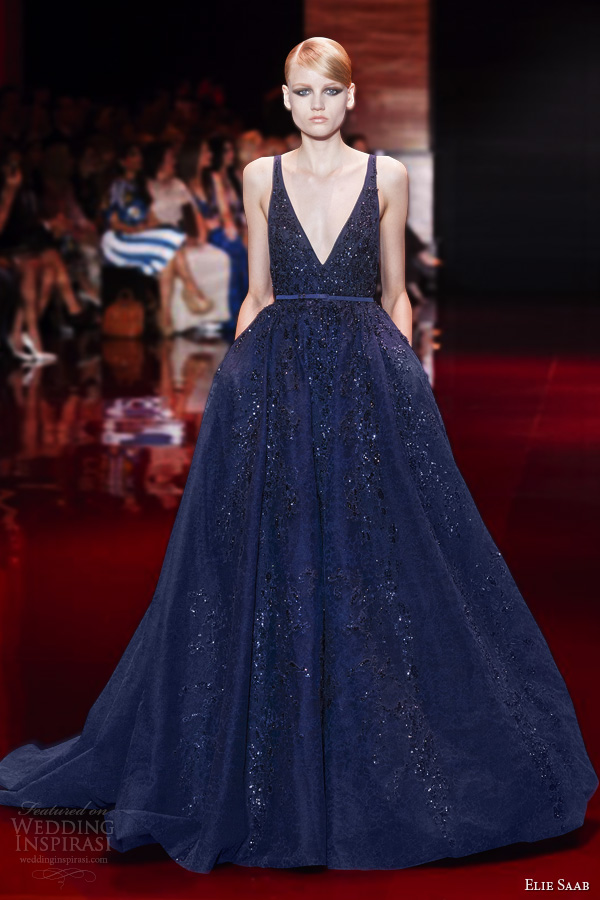 elie saab fall 2013 2014 couture sleeveless v neck  blue ball gown
