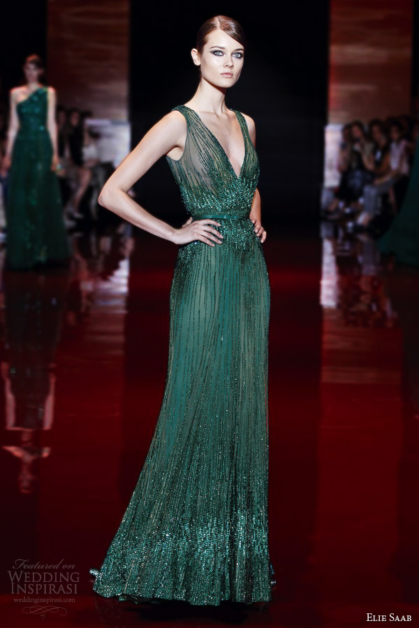 elie saab fall winter 2013 2014 couture green sleeveless dress v neck