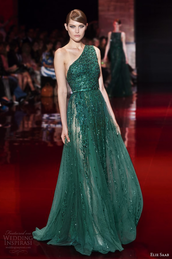 elie saab fall winter 2013 2014 couture one shoulder green beaded dress