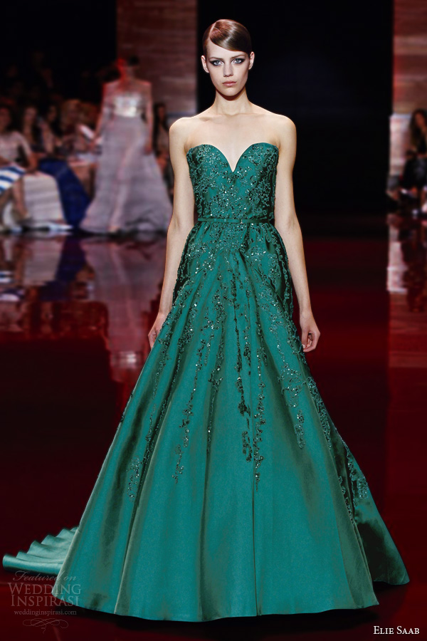 elie saab fall winter 2013 2014 couture strapless sweetheart green dress